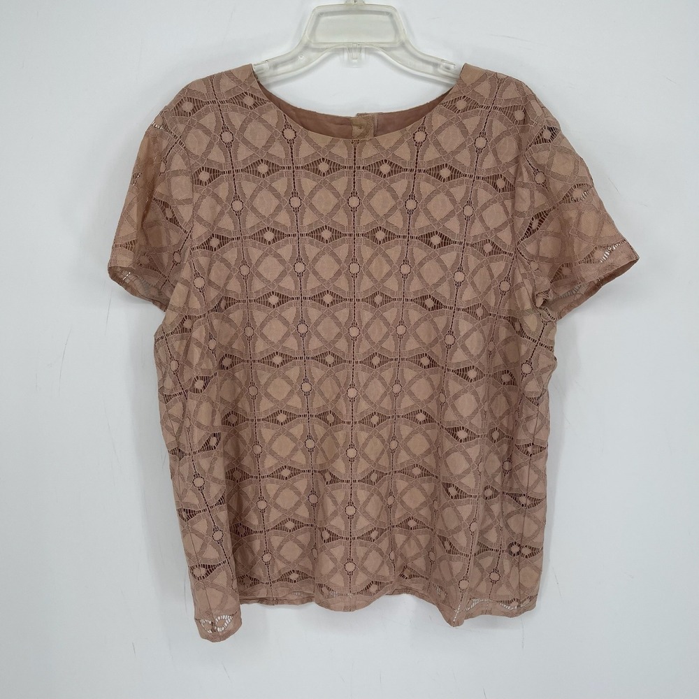 J.Jill Women's Pink Geometric Lace Textured Short Sleeve Boho Top Blouse Size XL